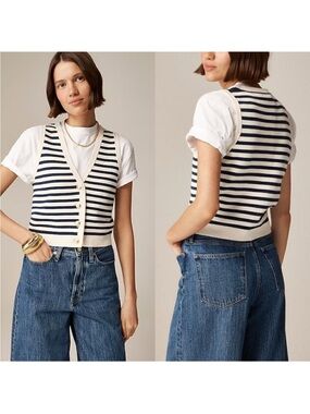 J. Crew Emilie Sweater Vest Cream and Navy Stripe Gold Buttons L Cotton Cropped